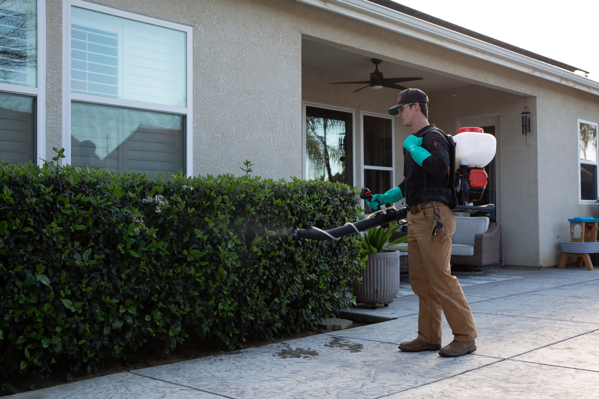 Technician power-misting hedges along a backyard patio