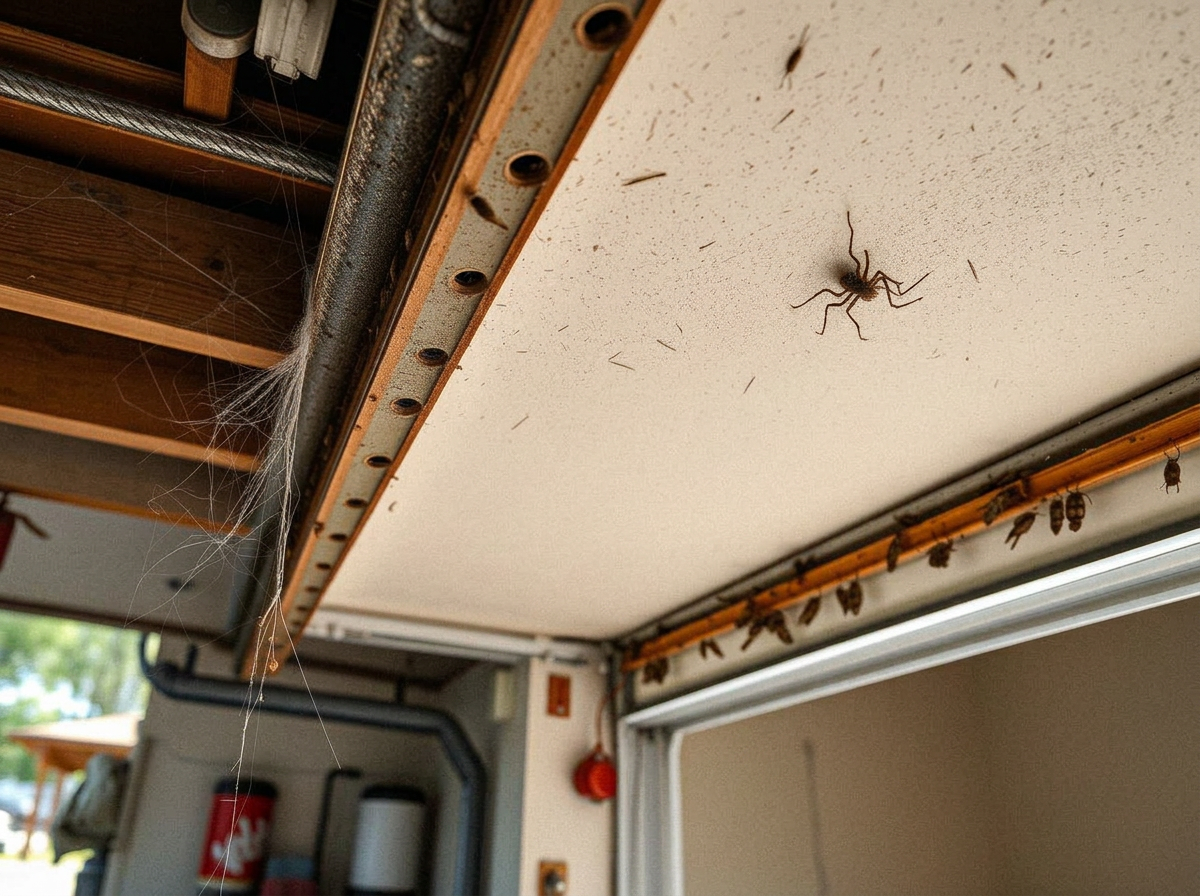 Garage rafters and door track with cobwebs and insect debris