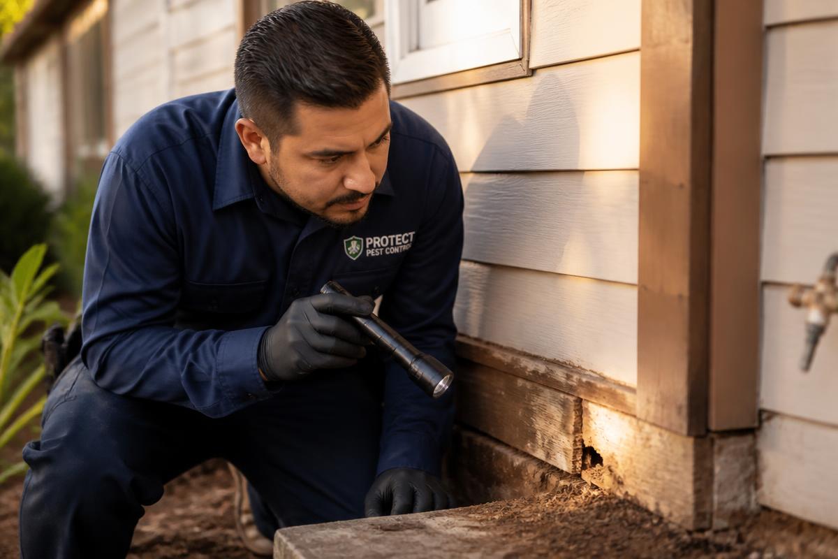 Pest control technician inspecting a home's exterior wood trim with a flashlight for pest activity