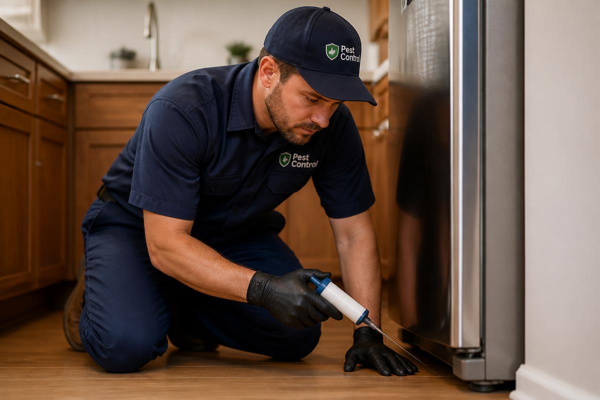 Pest control technician applying targeted gel bait behind a kitchen appliance
