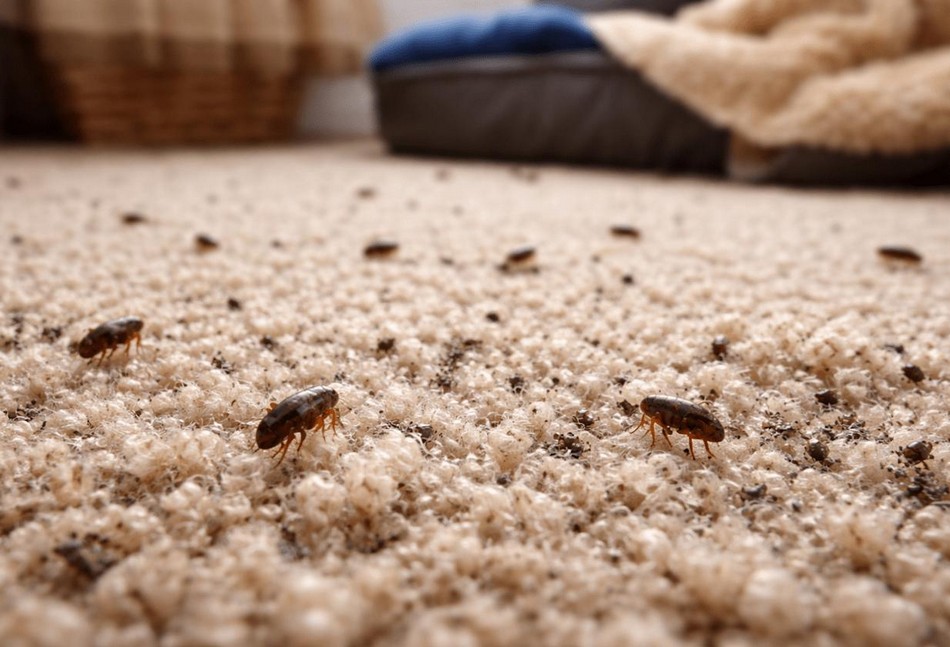 Fleas hiding in carpet fibers near a pet bed spotted during flea extermination in Central Valley