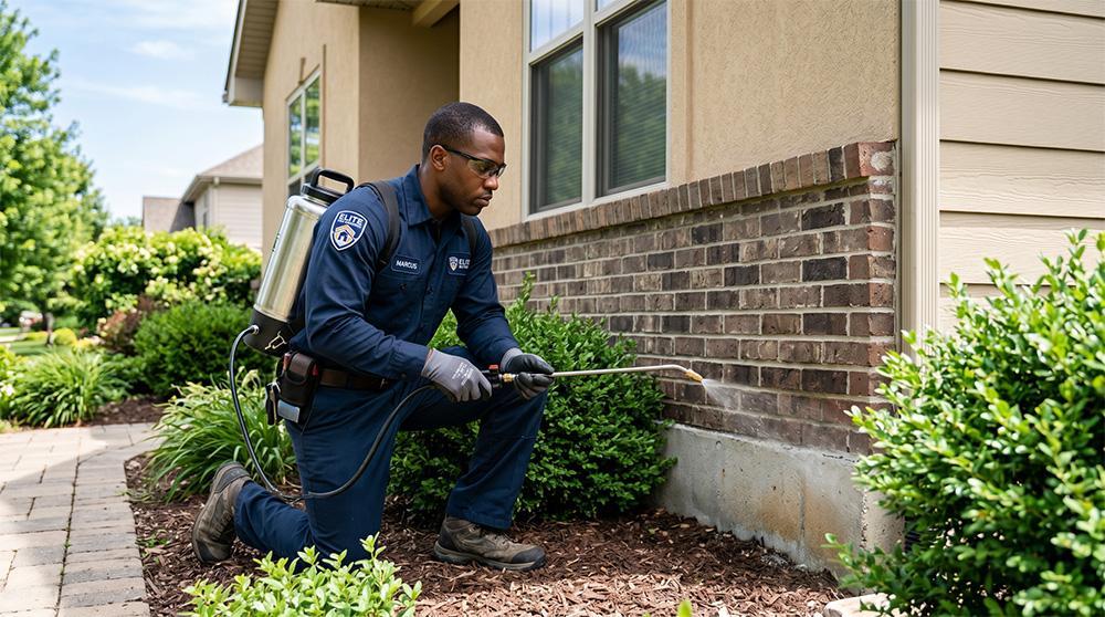 Residential technician applying targeted pest treatment around a home as part of Central Valley pest services.