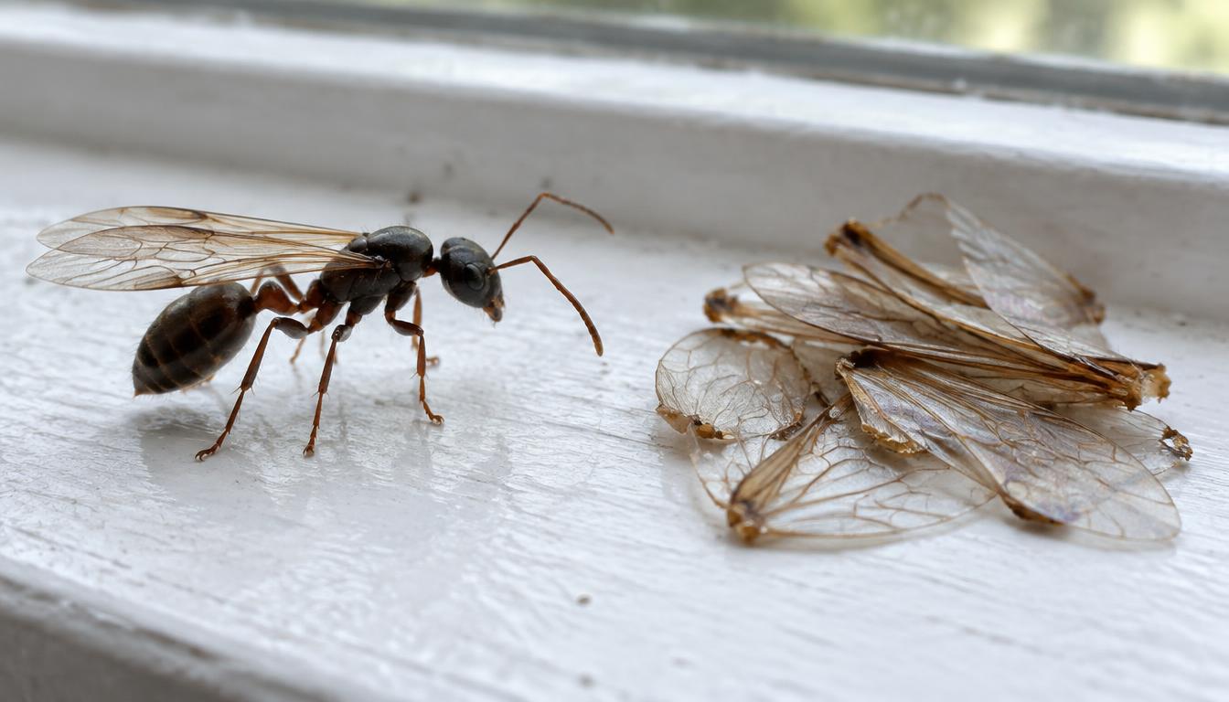 Winged ant with elbowed antennae and a pinched waist next to a small pile of shed insect wings on a windowsill