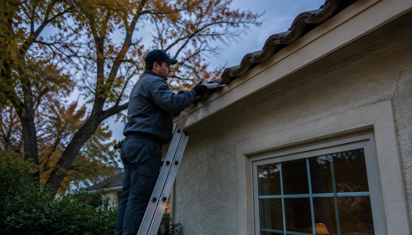 Technician sealing a gap along the tile roofline of an older Central Valley home in fall to keep roof rats out of the attic