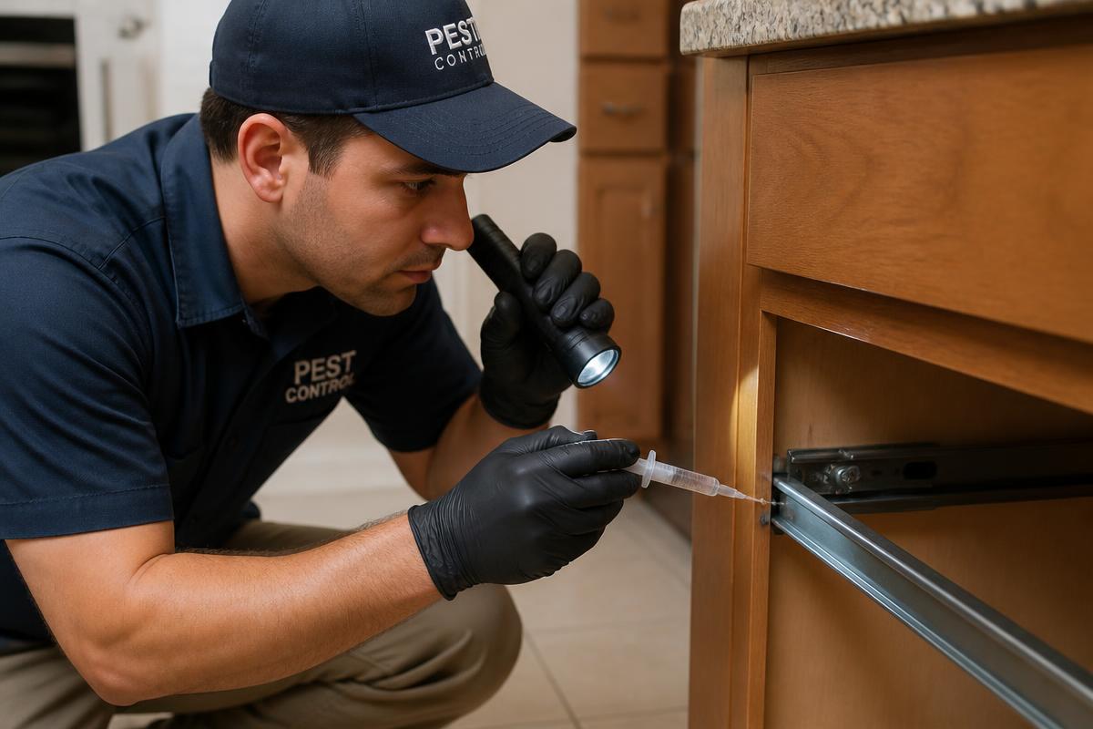 Pest control technician placing a precise gel bait dot along a kitchen drawer track