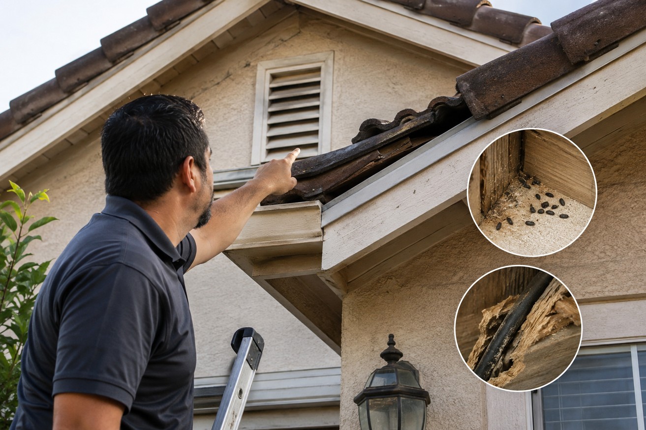 Homeowner inspecting a roofline for signs of rodent control in Central valley activity.