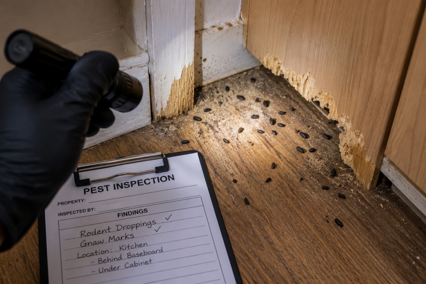 Signs of rodent control in central valley problems including droppings and gnaw marks inside a home.