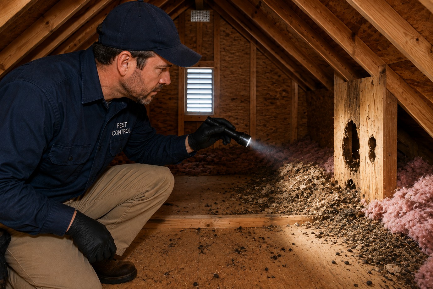 Technician performing rodent control in Central Valley inspection inside a residential attic.