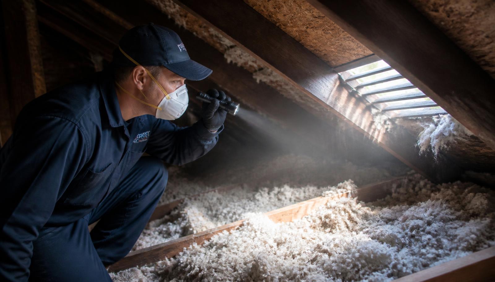 Pest control technician inspecting attic insulation and a roof vent gap with a flashlight