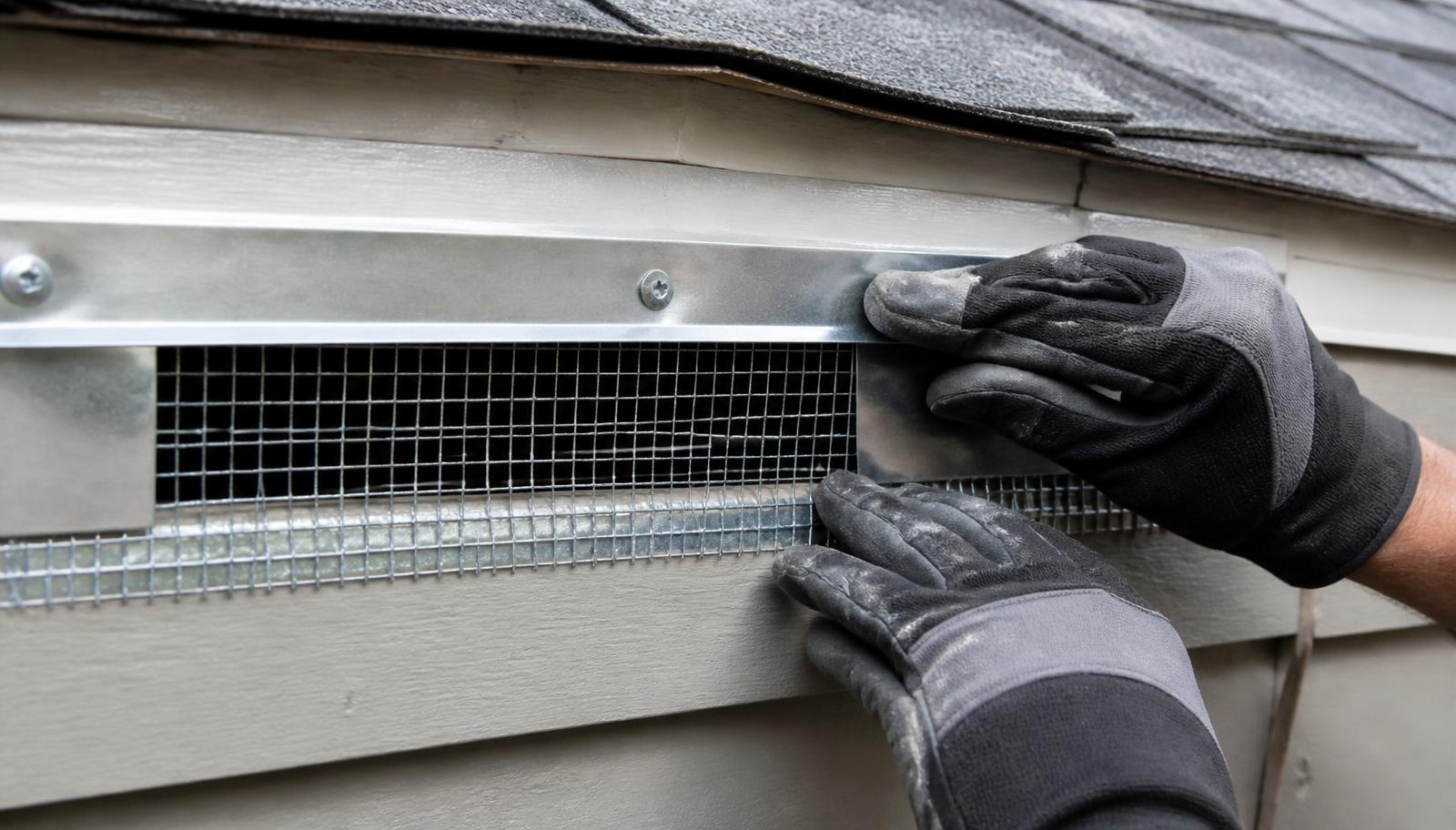 Gloved hands sealing a roofline vent with galvanized rodent-proof mesh and metal flashing