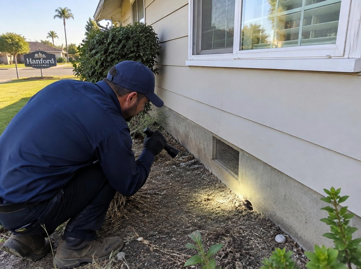 TruBug technician inspecting a Hanford, CA home for rodent activity
